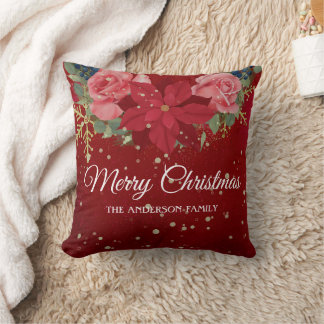 Kerst bloemige waterverf krans rode poinsettia kussen