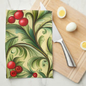 Kerst Bloempatroon Met Rode Bessen Theedoek (Quarter Fold)