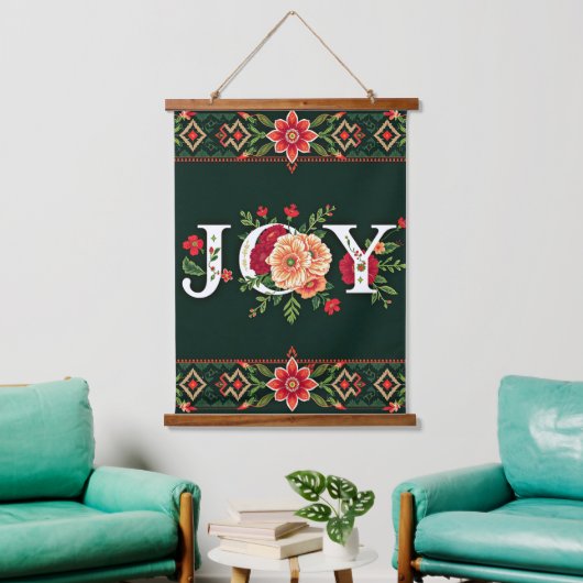 KERST bloemrijke rand met VREUGDE Hangend Wandkleed (Woonkamer)