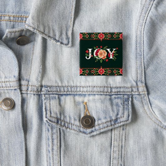KERST bloemrijke rand met VREUGDE Vierkante Button 5,1 Cm (In situ)