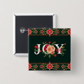 KERST bloemrijke rand met VREUGDE Vierkante Button 5,1 Cm (Voorkant /achterkant)