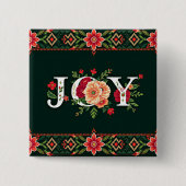 KERST bloemrijke rand met VREUGDE Vierkante Button 5,1 Cm (Voorkant)