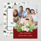 Kerst Bloemstuk Waterverf Rood Groen Goud Foto Feestdagenkaart (Voorkant / Achterkant)