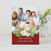 Kerst Bloemstuk Waterverf Rood Groen Goud Foto Feestdagenkaart (Staand voorkant)