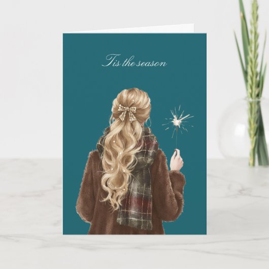 Kerst Blond Haar Meisje Spatelfeest Viering Kaart (Voorkant)