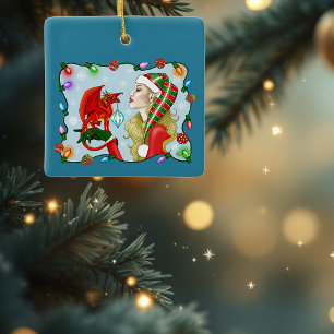 Kerst Blonde Elf Red Dragon Fantasy Keramisch Ornament