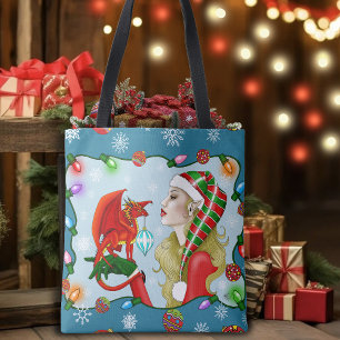 Kerst Blonde Elf Red Dragon Fantasy Tote Bag