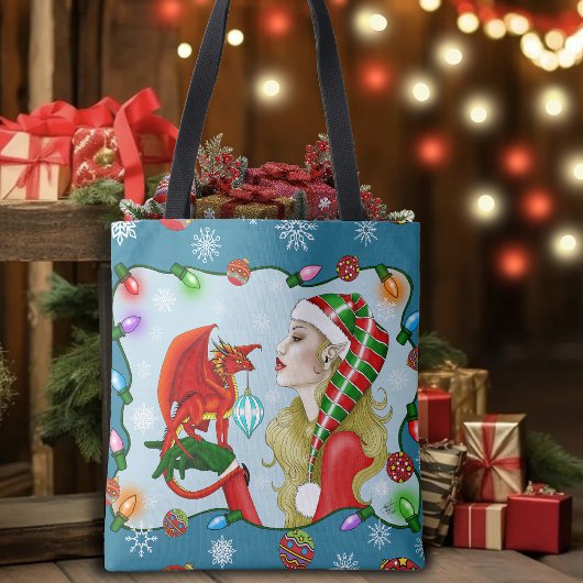 Kerst Blonde Elf Red Dragon Fantasy Tote Bag