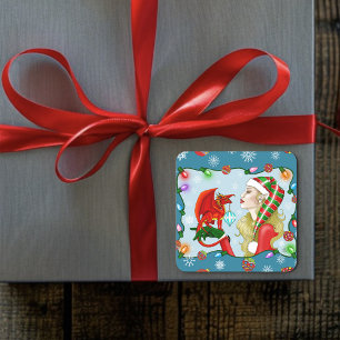 Kerst Blonde Elf Red Dragon Fantasy Vierkante Sticker