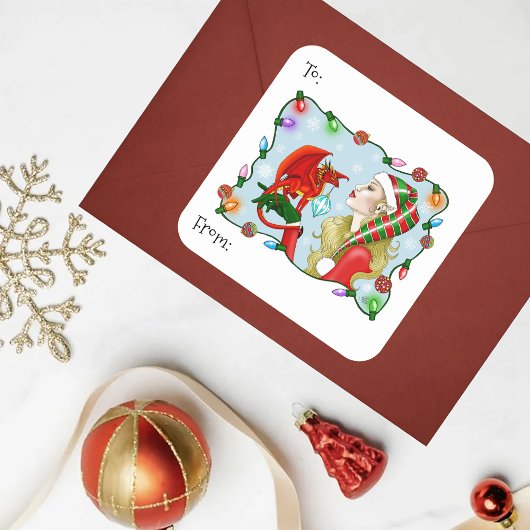 Kerst Blonde Elf Red Dragon Fantasy Vierkante Sticker
