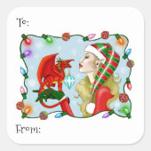 Kerst Blonde Elf Red Dragon Fantasy Vierkante Sticker (Voorkant)