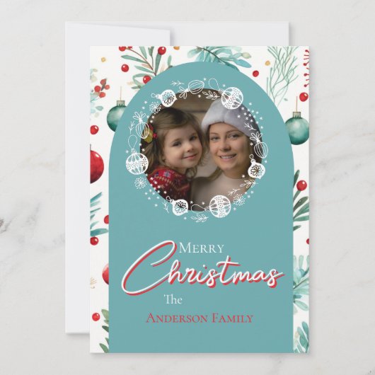 Kerst Blue Arch Botanische Groene Pine Naalden Feestdagenkaart (Voorkant)