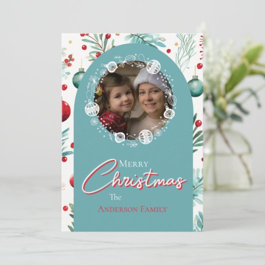 Kerst Blue Arch Botanische Groene Pine Naalden Feestdagenkaart (Staand voorkant)