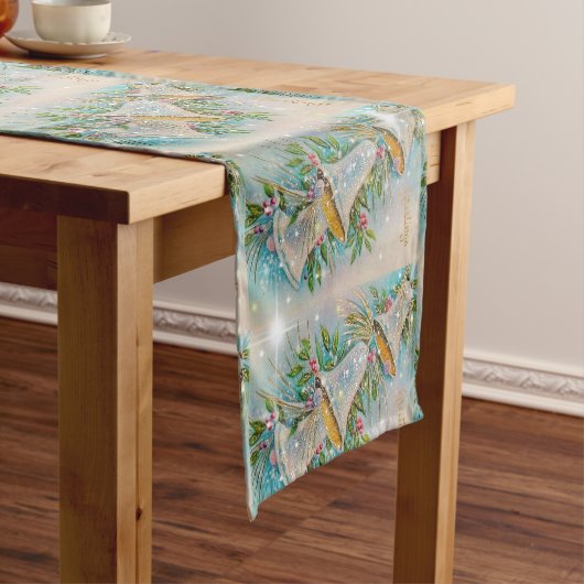 Kerst  Blue Silver Bells Sparkle Stars Korte Tafelloper (Voorbeeld)