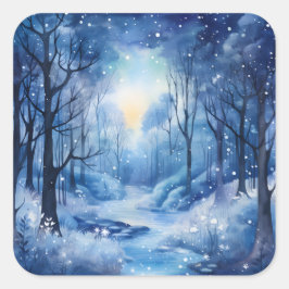 Kerst Blue Trees Bossen River Snowy Scene Vierkante Sticker
