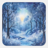 Kerst Blue Trees Bossen River Snowy Scene Vierkante Sticker (Voorkant)