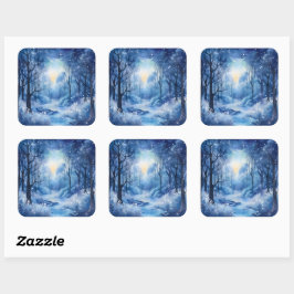 Kerst Blue Trees Bossen River Snowy Scene Vierkante Sticker
