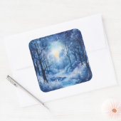 Kerst Blue Trees Bossen River Snowy Scene Vierkante Sticker (Envelop)