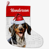 Kerst Bluetick Coonhound Naam Woof Achtergrond Grote Kerstsok (Voorkant)
