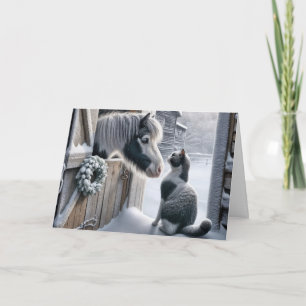Kerst Boerderij Pony en kat Feestdagen Kaart