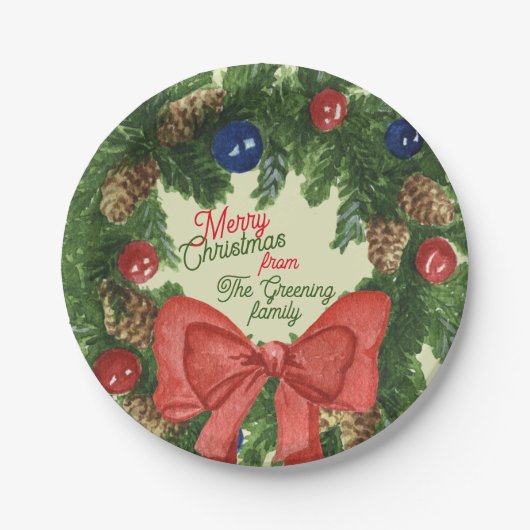 Kerst boerderij rif voor boom familie papieren bordje (Voorkant)