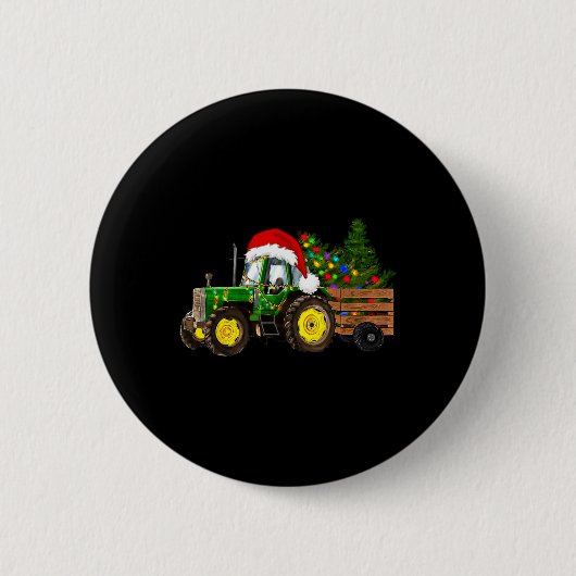 Kerst Boerderij Tractor Tree Lights Santa Hat Xmas Ronde Button 5,7 Cm (Voorkant)