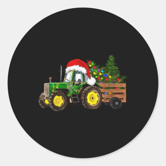 Kerst Boerderij Tractor Tree Lights Santa Hat Xmas Ronde Sticker (Voorkant)