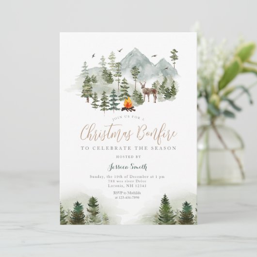 Kerst Bonfire Winter Forest Deer Holiday Party Kaart (Staand voorkant)