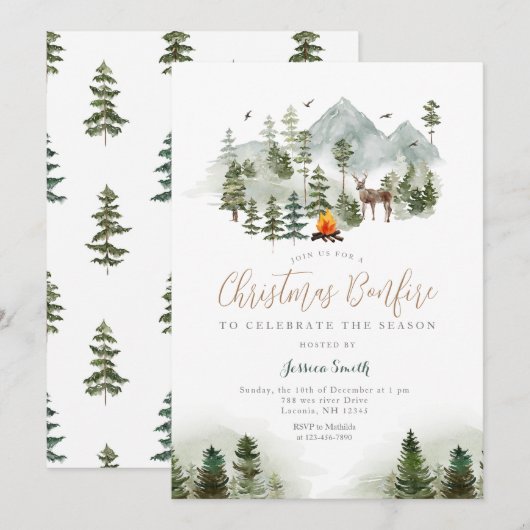 Kerst Bonfire Winter Forest Deer Holiday Party Kaart (Voorkant / Achterkant)