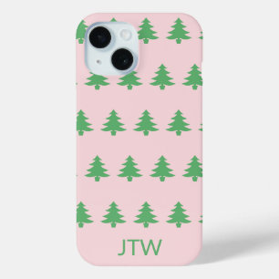 Kerst Bord Roze en Groene Bomen Monogram iPhone 15 Case
