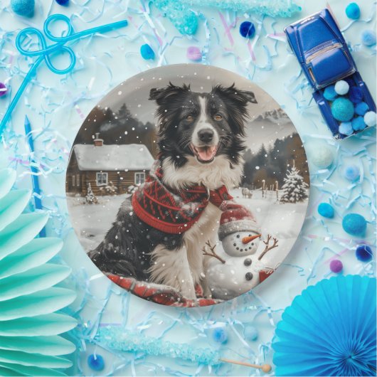 Kerst Border Collie Dog Snowman Papieren Bordje (Feest)