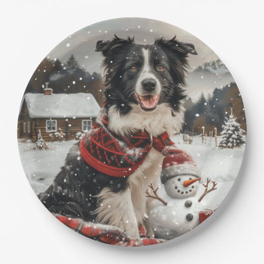 Kerst Border Collie Dog Snowman Papieren Bordje (Voorkant)