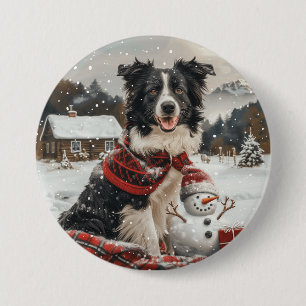 Kerst Border Collie Dog Snowman Ronde Button 7,6 Cm