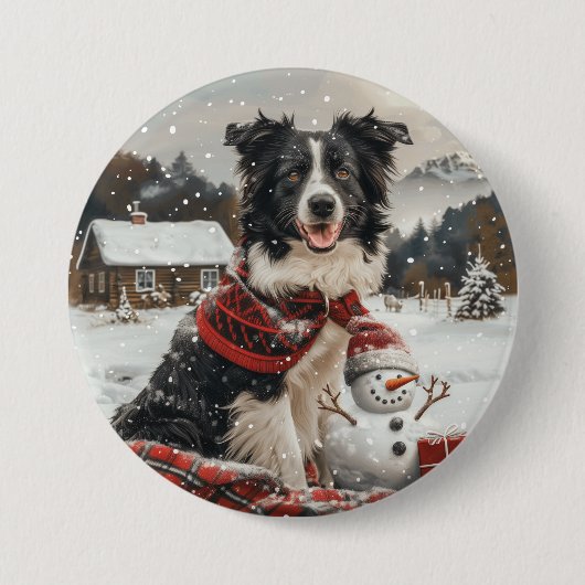 Kerst Border Collie Dog Snowman Ronde Button 7,6 Cm (Voorkant)