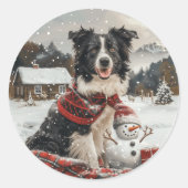 Kerst Border Collie Dog Snowman Ronde Sticker (Voorkant)