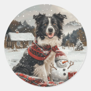 Kerst Border Collie Dog Snowman Ronde Sticker