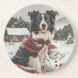 Kerst Border Collie Dog Snowman Zandsteen Onderzetter