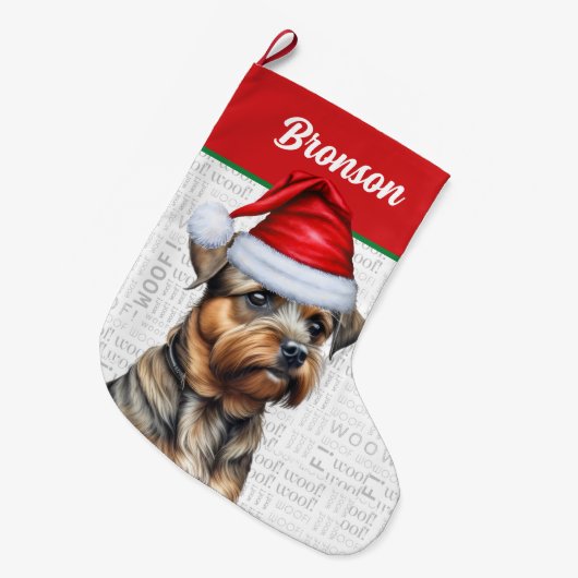Kerst Border Terrier met de naam Woof Achtergrond Grote Kerstsok (Voorkant (Hangend))