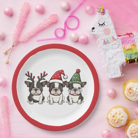 Kerst Boston Terrier Honden Papieren Bordje (Feest)