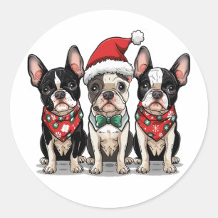 Kerst Boston Terrier Honden Ronde Sticker