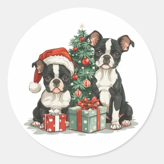 Kerst Boston Terrier Honden Ronde Sticker (Voorkant)