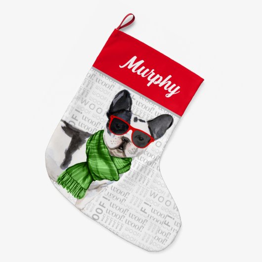 Kerst Boston Terrier met Dog's naam Grote Kerstsok (Voorkant (Hangend))