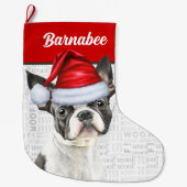 Kerst Boston Terrier Naam Woof Achtergrond Grote Kerstsok (Voorkant)