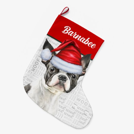 Kerst Boston Terrier Naam Woof Achtergrond Grote Kerstsok (Voorkant (Hangend))