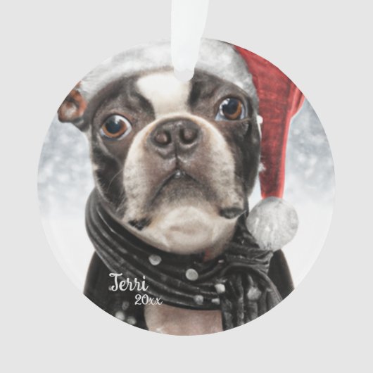 Kerst Boston Terrier, Santa Dog Ornament (voorkant)