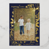 kerst botanisch | Foto Marine Blauw en Goud Folie Feestdagenkaart (Voorkant)