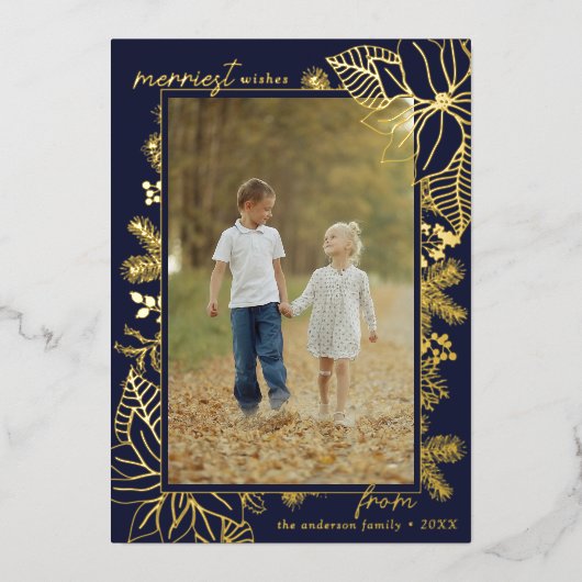 kerst botanisch | Foto Marine Blauw en Goud Folie Feestdagenkaart (Voorkant)