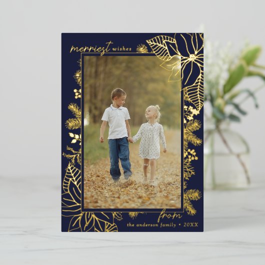 kerst botanisch | Foto Marine Blauw en Goud Folie Feestdagenkaart (Staand Voorkant)