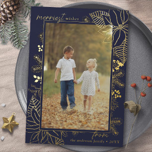 Kerst Botanisch Foto Navyblauw en Goud Folie Feestdagenkaart