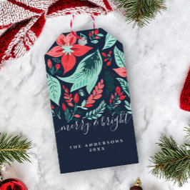 Kerst Botanisch Rood Bloemmotief Blauw Feestdag Cadeaulabel